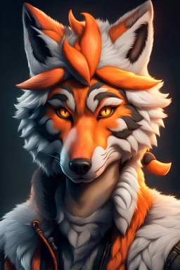 Portrait for the scenery, anthropomorphic wolf character with fox ears and a tiger's tail, 8K resolution, ultra graphics, high quality, and detailed with lines.