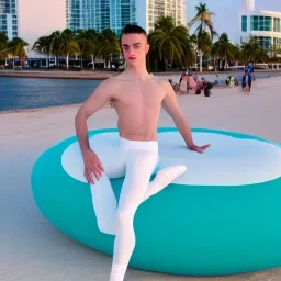 a gay ballet dancer dressed in white sitting on a beautiful coloured doughnut at ocean drive Miami