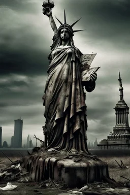 the statue of liberty, dress dirty and torn, her face solemn and terse, trash littered at her feet, the skyline dark and grungy