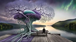 back to the camera a figure sittings on amorph shape bench in a beautiful dreamlik landscape and overlooking the water of the nearby lake, calm, harmonious atmosphere, muted dark colors, purple, white, gray, green, blue, brown, silver, black , ,not too colorful colors, Whimsical style and giant stunning neuron network all over the sky, half shadow and half light abyss, surreal stunning vibe