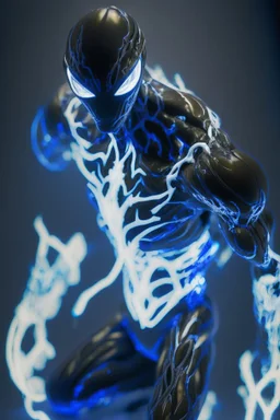 A detailed raw photo of the Venom black Cyborg made entirely of luminescent and translucent liquid materials, bathed in cinematic light. You can see all the inside of his body, with two Daft Punk-style, realistic elements, captured in infinite ultra-high-definition image quality and rendering.A new space creature from Ben 10 cartoon. Strong and graceful. Advanced metal. Magical power, precise detail and intense power.Cyborg symbiote, white color, green color, tendrils, high tech, cyberpunk, biop