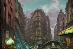 Corner Elevated Train run raid Train Canal River and corner shop greengrocer in colorful Italian street+Gothic city+BioShock+Dishonored+Bloodborne +trieste+Edinburgh+Chicago+victorian London+decòpunk Skyscraper+ +steampunk+biopunk+alphonse mucha, greg rutkowski,matte painting, cryengine, hyper detailed, felix kelly, fantasy art, seb mckinnon