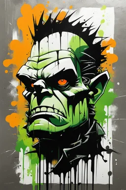 graffiti art of cartoon Frankenstein monster, elaborate acrylic spray paint by Yoji shinkawa + nick Edwards style with bold brushstrokes, romantic, glazing, orange, green, yellow, white