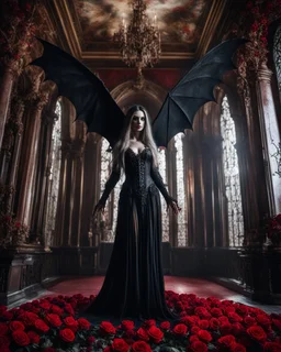 Facing front photography realistic Full body,creepy Vampire ghost woman long hair straddle wings bat she on standing on creepy,in mystery palace vampire,red roses flowers sorrounded background,dramatic angle, extreme angle shot, trypophobia, horror