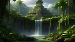 mayan lost temple of jungle palms in the center of a lush garden surrounded by a band of waterfall that flows in The four rivers of fantasy art 3d