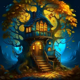 a whimsical, tree-house style dwelling nestled within the twisting branches of a large, autumn-hued tree. The curved stone structure has warm, glowing windows and a blue door, giving it an inviting, cozy appearance against the deep teal night sky. The golden leaves filter the moonlight, creating an enchanting, storybook atmosphere.