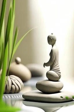 delicate background with spa stones and a bamboo stem, in the background a female curved figure statue sits on the stones, photorealistic photo