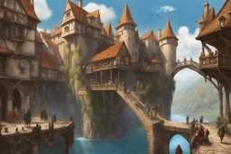 medieval buildings with balconies overhanging lake edge with blue sky and people, photorealism, fantastical, intricate detail, splash screen, concept art