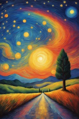 Starry night, Van Gogh style, landscape, sunset, colorful, rainbow, painterly, like a painting, mystical, rain, wonder, mysterious