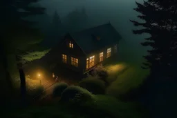 It's a misty night. a third person view looking down on a house that is lighted enclosed by a forest