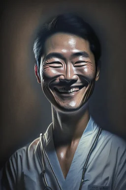 asian surgeon portrait smiling, scalpel pose, dark lighting, hyper-realistic