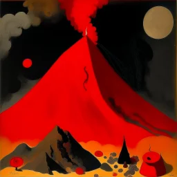 A red volcano with spewing fire designed in Maori sculptures painted by Lyonel Charles Feininger