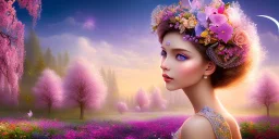 bright fairy, beautiful portrait, flowery landscape