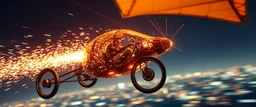 sparks blazing, seen from below, tattoo style, motion blur, airbrush art, elon musk riding inside an awesome hanglider trike with three back wheels, spaceship in copper, fast one in the shape of a transparent snail , now its gonna do an awesome gig , bokeh like f/0.8, tilt-shift lens 8k, high detail, smooth render, down-light, unreal engine, prize winning