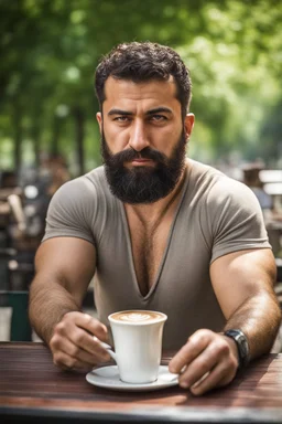 half figure photography of an ugly turkish barman servicing one coffee at the table, burly robust muscular chubby shirtless short beard short hair, mainly chest very hairy 25 years old man, in a public park of Istambul , sunny day, sweat, wet, big shoulders, angry eyes, photorealistic