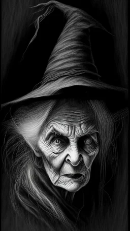 pencil drawing of old witch, Spooky, scary, halloween, realistic, black paper