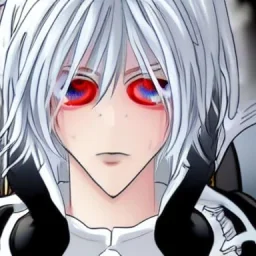 Anime character with white skin, red eyes, white hair, black clothing, in a magical medieval setting