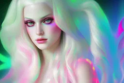 Vaporwave psychedelic technicolor photorealistic image of a beautiful woman with long white hair and white eyes surrounded by psychedelic colorful lights, prisms, and reflections