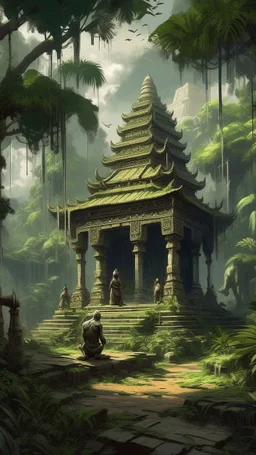 An old temple surrounded by bamboo trees with big ancient statue in India with monkeys here and there climbing , Busch painting style nightmare