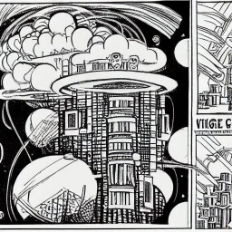 Village in the cosmos in Winsor McCay style and dr seuss style