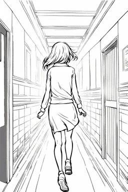 blonde girl runs in a corridor, back view, line arts, manga style