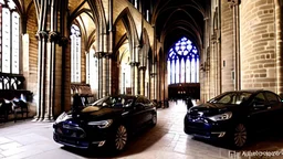 A Tesla's 'Model S Plaid' is parked, inside the Notre-Dame Cathedral, in Paris. CINEMATIC. WIDE ANGLE LENS. PHOTO REAL.
