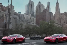 A Tesla 'Model S' is racing at top speed, near the 'Central Synagogue' in New York City. (CINEMATIC, WIDE ANGLE LENS, PHOTO REAL)