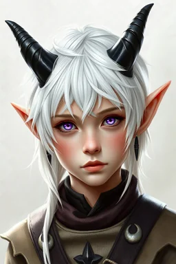 child high elf male with white hair, with black horns on head with purple eyes