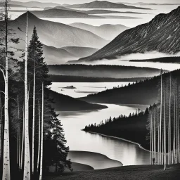 Forest, lake, mountains, Edvard Munch, Yves Tanguy, b/w, high resolution, highly intricate patterns, 33mm photography