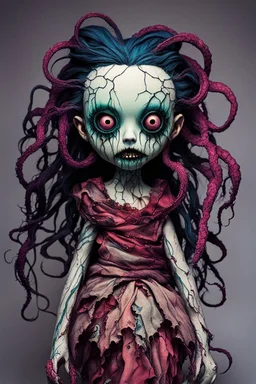 full color, illustration of a dark, menacing, tentacled monster girl, as a decayed, broken, crude homemade cloth doll toy, with a narrow cracked porcelain face, thick dark eyebrows, hair made from ragged strips of cloth, in the style of Brom, Alex Pardee, and Masahiro Ito, bold vibrant color