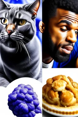 blueberry galaxy cat food and a man eating it and crying and Lebron eating it