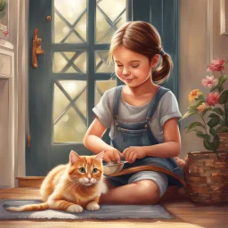 very beautiful realistic cartoon 10 years old girl playing with a cat