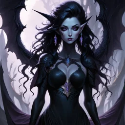 drow elf woman, sorceress, enchantress, dark hair, digital art, dark fantasy