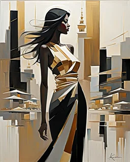 Gold & black an abstract painting by karen henderson, in the style of captivatingly atmospheric Saudi Arabia cityscapes, silhouette of beauty lady, josef kote, whitewashed narratives, flattened perspective, reflections, kōji morimoto --v 5.2 --ar 2:3 --s 600