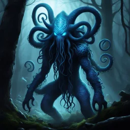 [high res photo] creature from the depths of the dark forest, a shadowy being with tentacles for arms and eyes that glow in the night. This monster wears socks in knitwear, with a pattern resembling ancient runes.