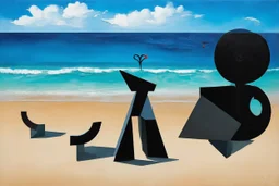 Eclectic Surrealist Fusion, oil painting, cubism beach, double exposure, Yves Tanguy, Joan Miró, stylish, dark negative space, anthropomorphic conglomerated geometric shapes