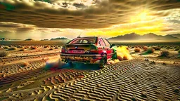 Capture a cinematic wide-angle shot featuring a 1998 Honda Civic racing through a post-apocalyptic desert road during a sandstorm. Embrace a post-apocalyptic photography style for a realistic yet dramatic atmosphere, emphasizing the importance of achieving a cinematic look. Depict the Honda Civic as resilient in this transformed world, navigating the harsh desert conditions and swirling sandstorm with speed and intensity.