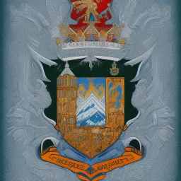 coat of arms of a city in the moutains, very detailed