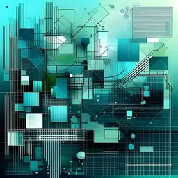 Abstract illustration of software development elements like code brackets, user interface components, and network diagrams, blending together in a harmonious, modern design, with a color palette of blues, greens, and greys, symbolizing technology and innovation.