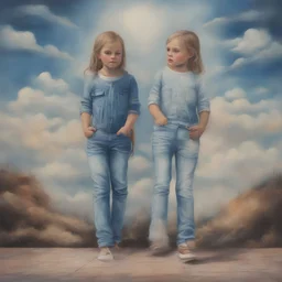 Surreal painting of 2 little girls, jeans, the sky in the background