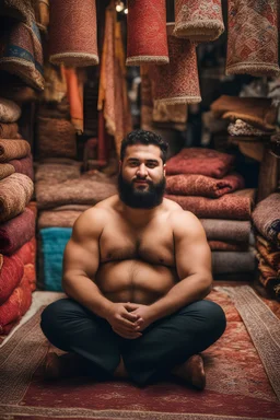 close up photography of a burly chubby muscular strong 23-year-old turkish man in Istanbul bazaar, shirtless, short beard, selling carpets sitting on a pile of carpets, big shoulders, manly chest, very hairy, side light, view from the ground