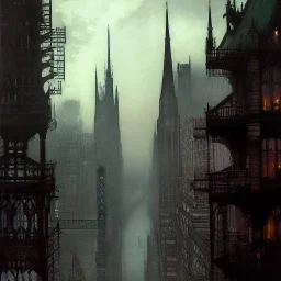 Skyline Gothic bridges between building,Bridges on rooftops, Gotham city,Neogothic architecture, by Jeremy mann, point perspective,intricate detailed, strong lines, John atkinson Grimshaw,pipes, chimneys