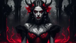 black and white digital art from a demon queen in black lace dress and red shues, , crepy stunning , she looking defiantly in the camera , high detalied, realistic, dark fantasy, thriller, cinematic