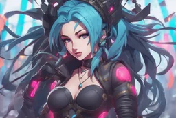 Jinx in 8k anime 2D animation artstyle, realistic them, neon effect, full body, intricate details, highly detailed, high details, detailed portrait, masterpiece,ultra detailed, ultra quality