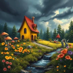 A colorful and whimsical digital painting depicting a magical house from fairy tales nestled in a landscape of lush forest and vegetation. The Fairytale House has a vibrant yellow exterior with a red roof, surrounded by a field of mushrooms, yellow poppies, violets, anemones and other wildflowers and statues of gnomes and fairies. In the background, a stormy sky with dark clouds creates a dramatic contrast. A small stream flows in the foreground, adding to the peaceful and picturesque scene