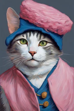 Portrait of a cat with blue fur, wearing a pink hat, by Van Gogh