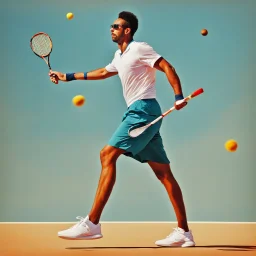 the tennis player juggles his racket: colorful and humorous, quirky avant garde [in oger dean's style] futuristic, neo-dada