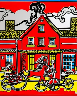 A red smoking western town with iron horseshoe painted by Keith Haring