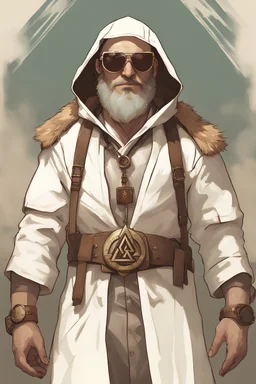 cleric in a white hood with a valknut emblem, smiling, wearing cool aviator sunglasses, disco elysium art style