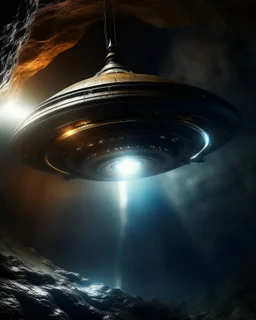 a ufo spaceship raise up through the chasm of the underworld